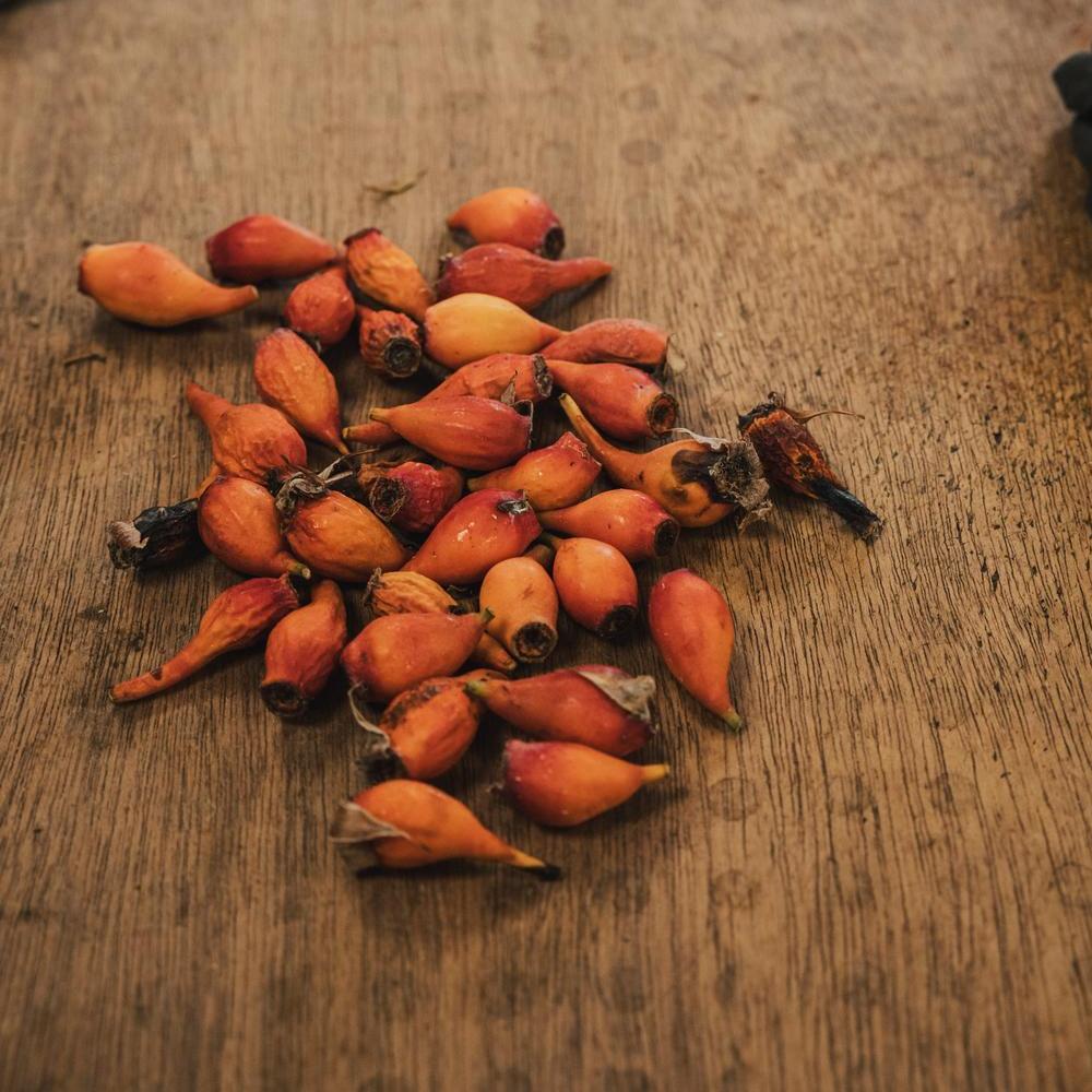 Orange rose hips on a table
